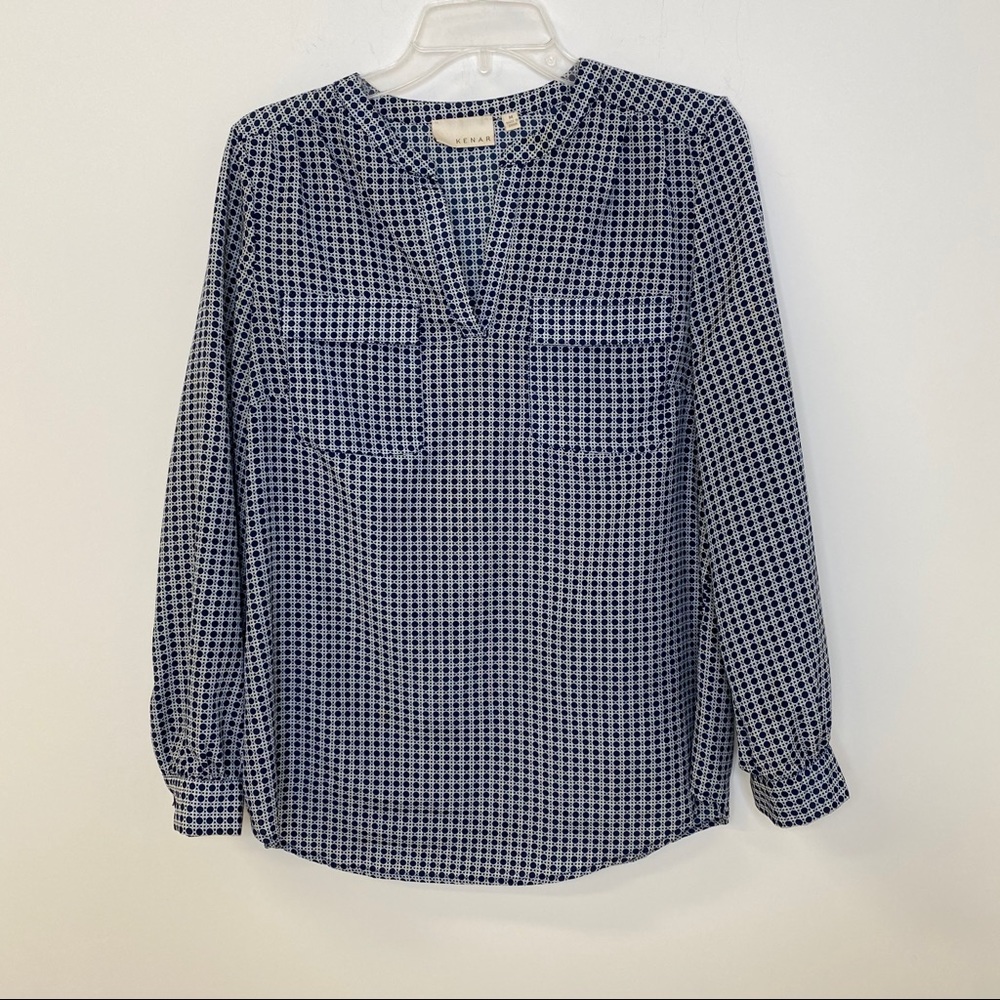 Kenar Womens‎ Navy Blue White Geometric Print Split V-Neck Blouse Medium M